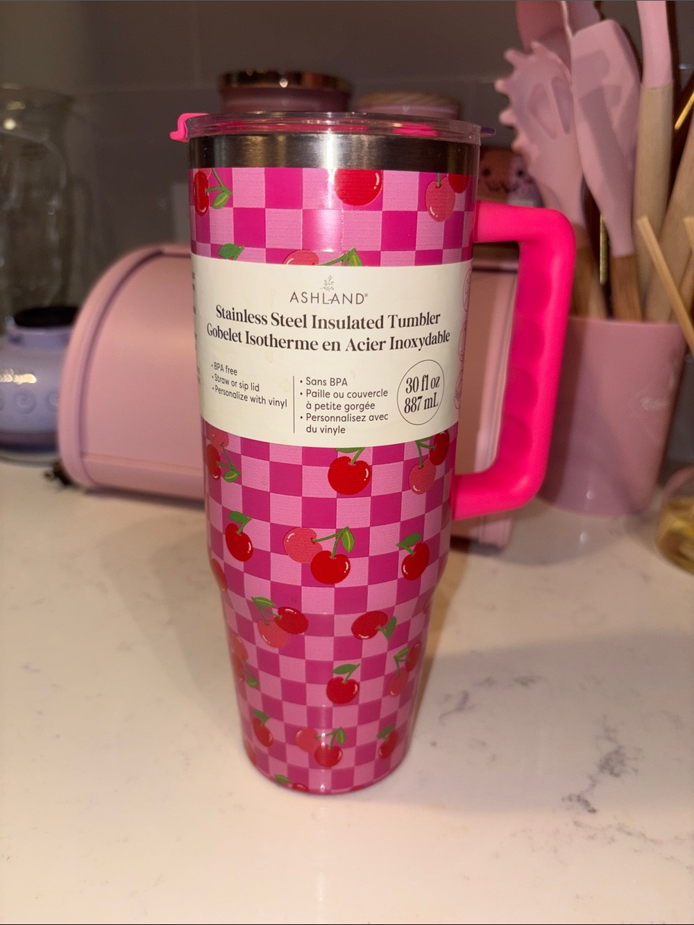 Ashland Pink Cherry Check Stainless Steel Tumbler with Pink Handle, no straw - Picture 1 of 4